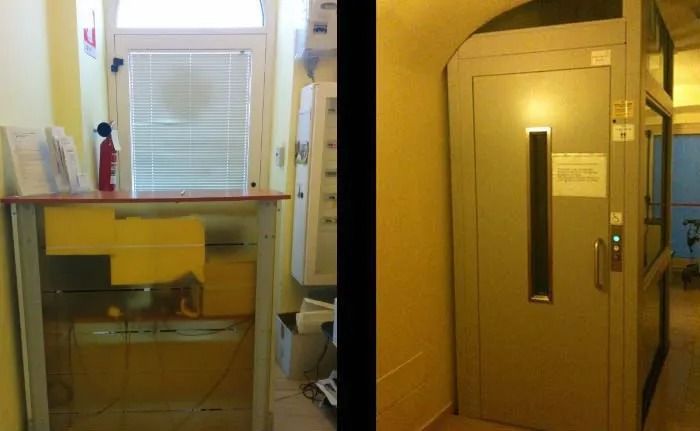 Due viste di un piccolo bagno: il lavabo sotto la finestra e il box doccia con la porta.
