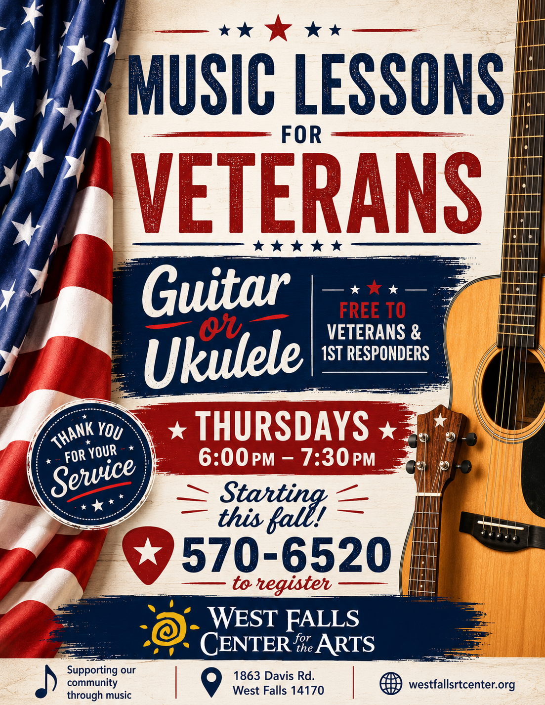 Music lessons: harmonica, ukulele, guitar. Free to veterans and 1st responders. 