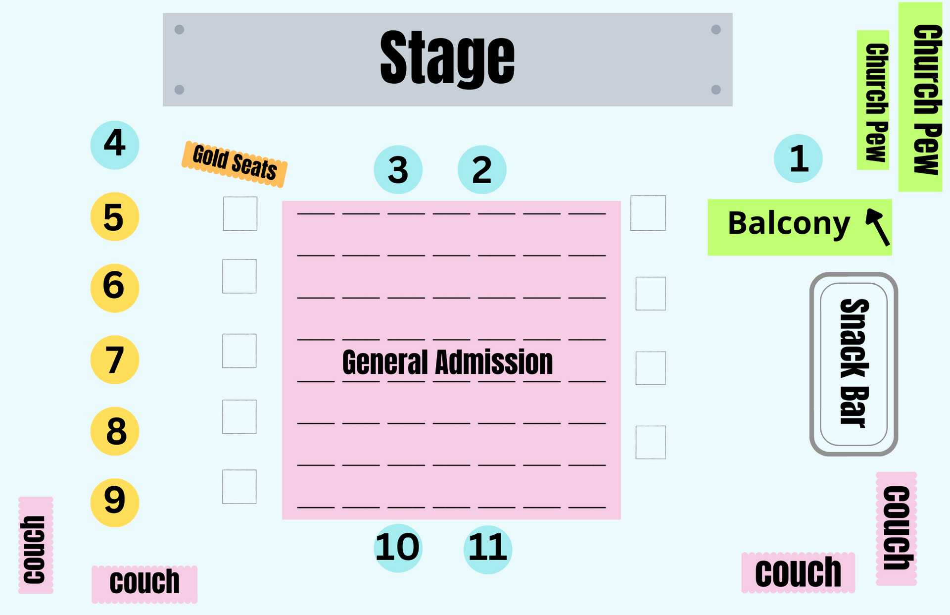 Venue layout with stage, seating, snack bar, and balcony.