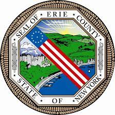 Seal of Erie County, New York, featuring an angled American flag, landscape, and city over water.