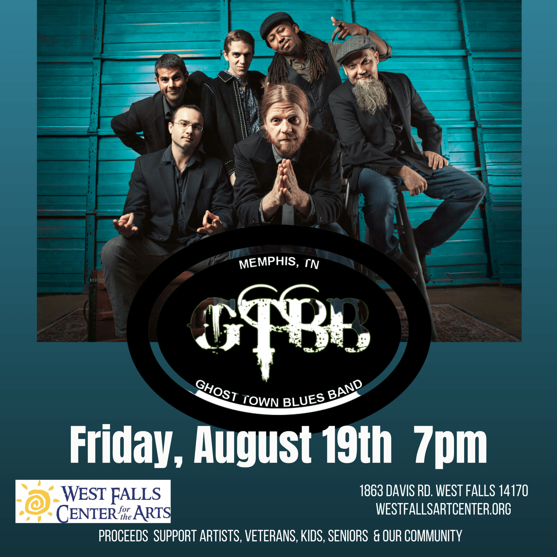 Promotional poster for Ghost Town Blues Band performance, August 19th at West Falls Center for Arts.