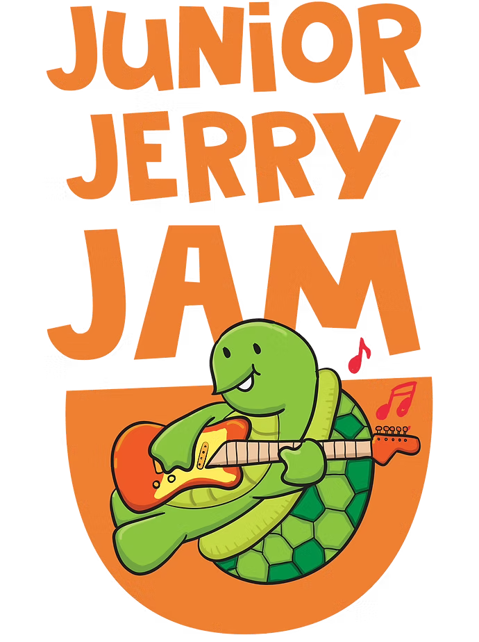 Junior Jerry Jam logo: Green turtle playing a red guitar, orange text on white background.