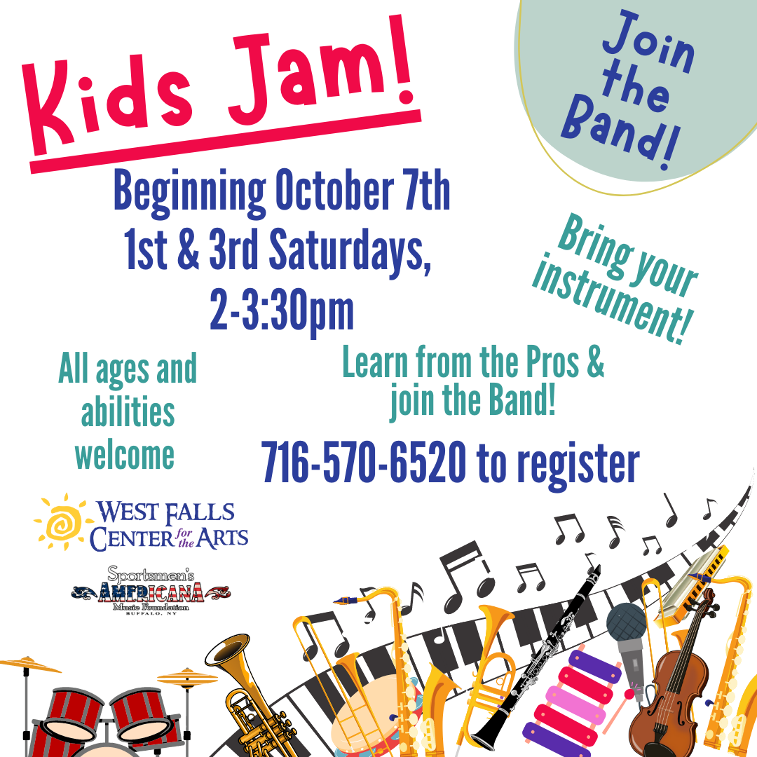 Flyer for Kids Jam! at West Falls Center of Arts; music event for kids