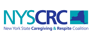 Logo for the New York State Caregiving & Respite Coalition, featuring text and a blue outline of New York State.