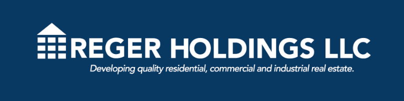 Logo for Reger Holdings LLC, white text on a blue background, features a house icon.