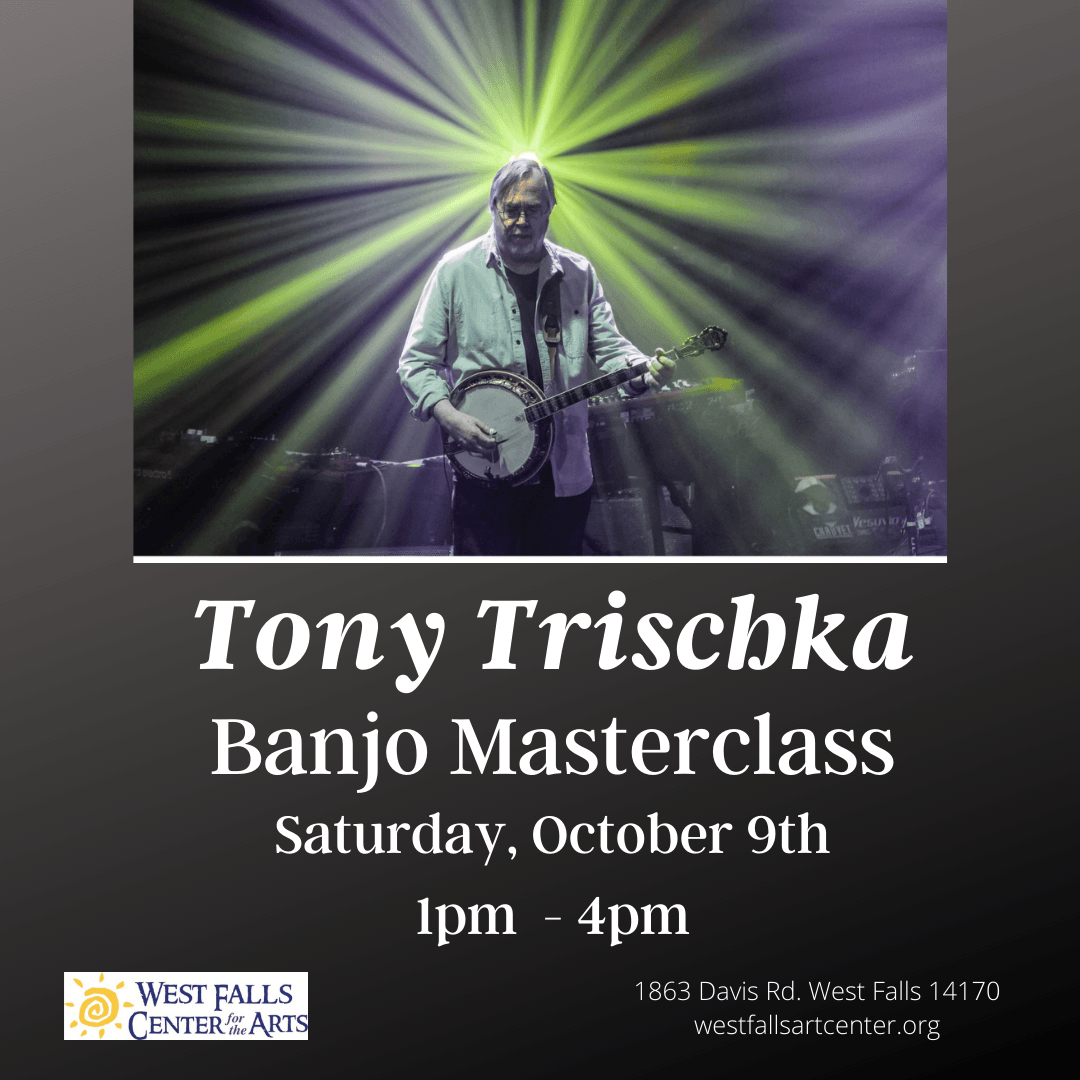 Tony Trischka Banjo Masterclass, Saturday October 9th, 1pm-4pm. Man plays banjo on stage.