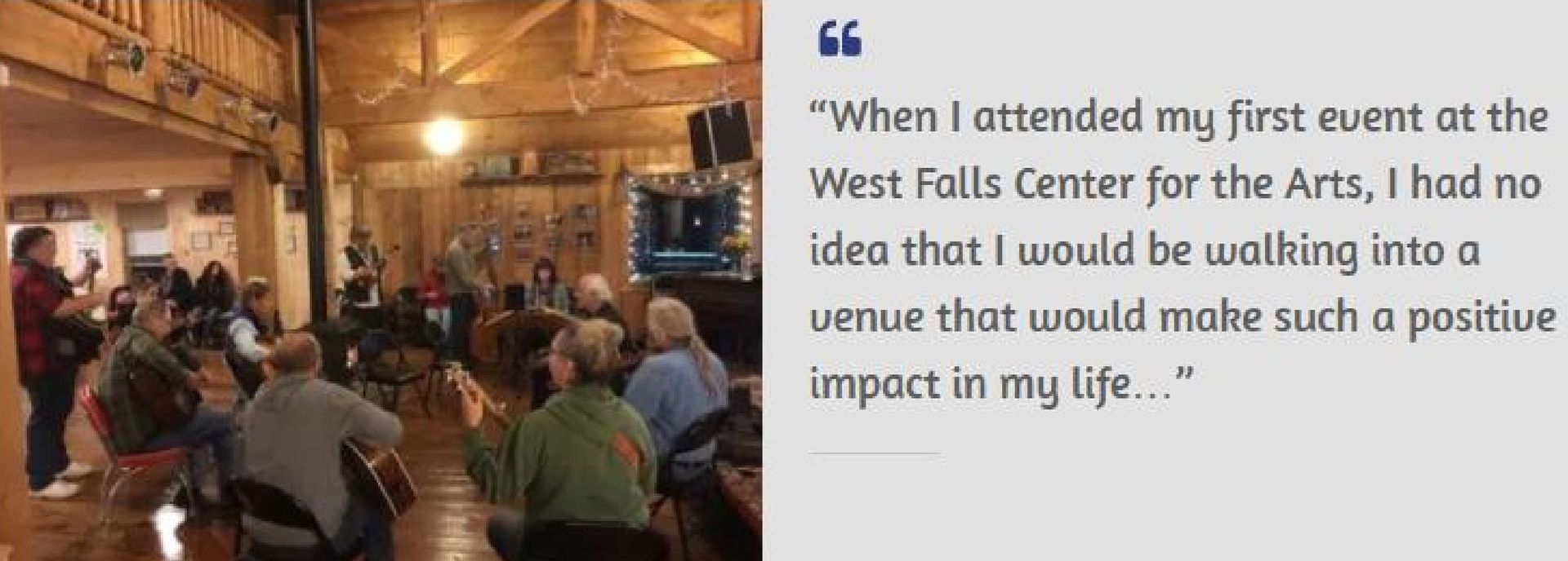 Person presenting in a rustic room beside a large quote about a first event at West Falls Center for the Arts