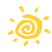 Yellow sun with a spiral center and pointed rays.