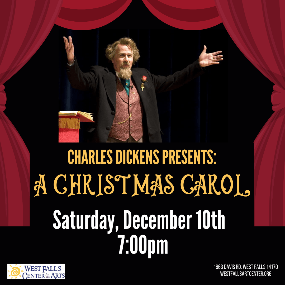 Actor portraying Charles Dickens on stage, presenting 