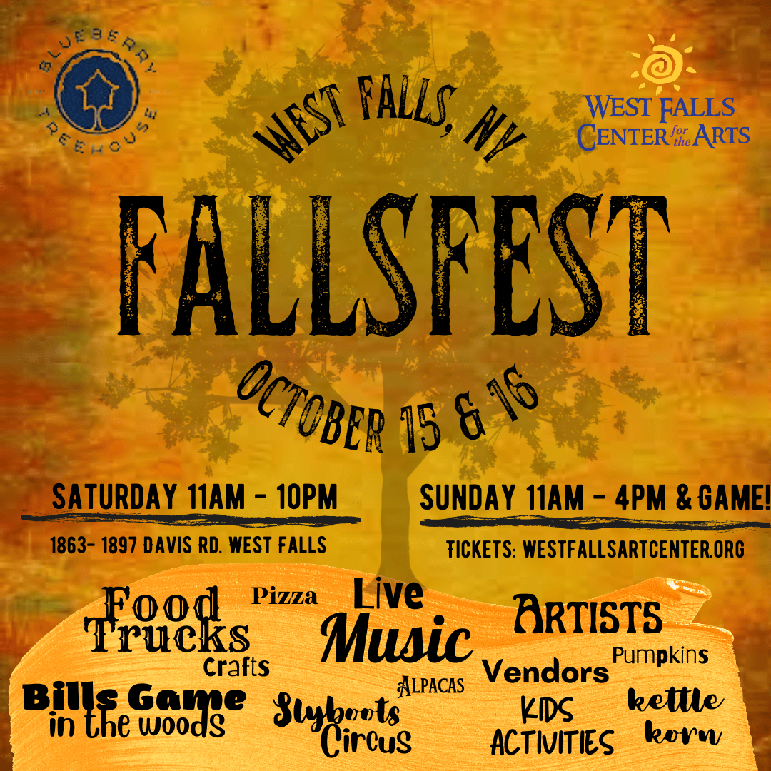 FallFest in West Falls, NY, with food trucks, live music, artists, kids' activities, and a Bills game. October 15 & 16.