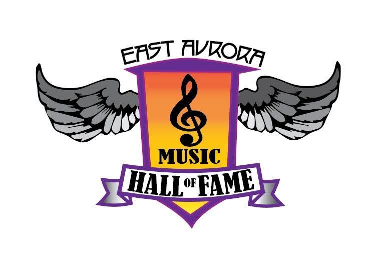 East Aurora Music Hall of Fame logo with musical note, wings, and purple/orange accents.