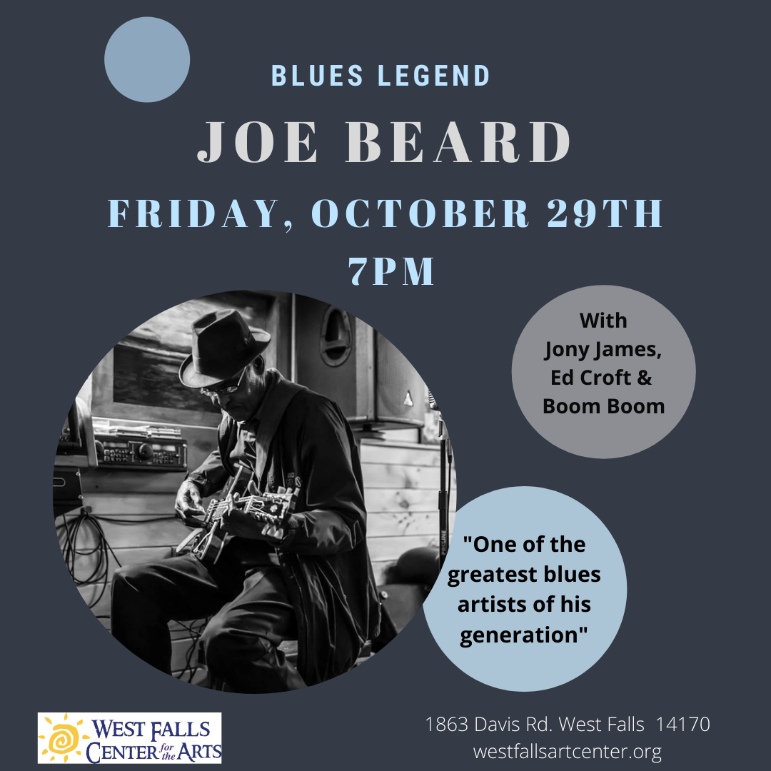 Advertisement for Joe Beard blues concert on Friday, October 29th at 7 PM, with supporting artists. Includes photo of Beard.
