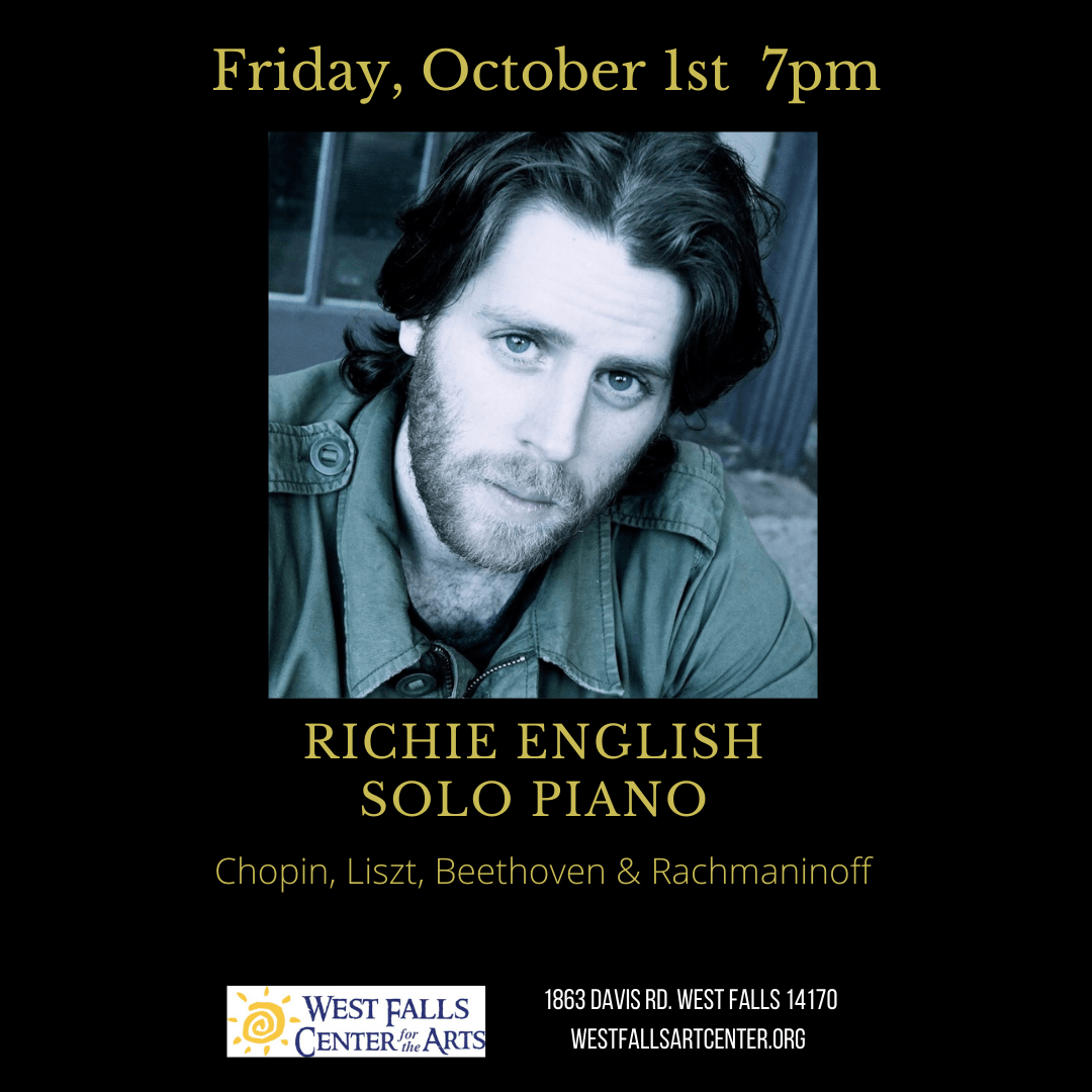 Promotional poster: Richie English solo piano concert, West Falls Center for Arts, October 1st at 7pm.