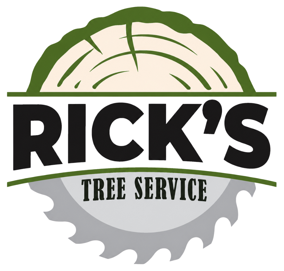 RICK’S Tree Service logo with green tree canopy and gray saw blade background