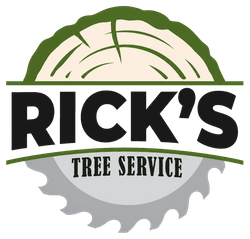 RICK&rsquo;S Tree Service logo with green tree canopy and gray saw blade background