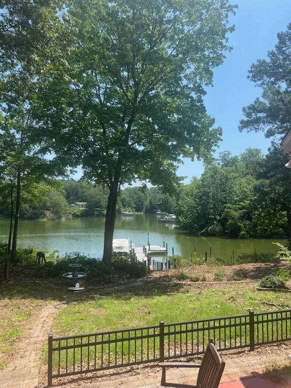Lakeside yard with tall trees, a small dock, and a grassy slope bordered by a black fence.