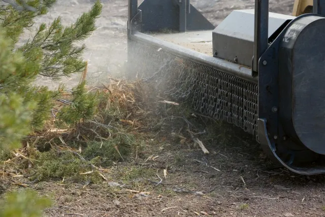 A machine is cutting down a tree in the dirt.