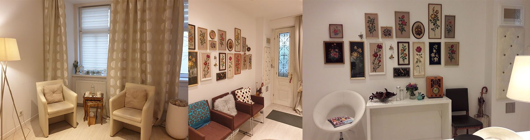 Praxiszimmer mit vielen Bildern an der Wand