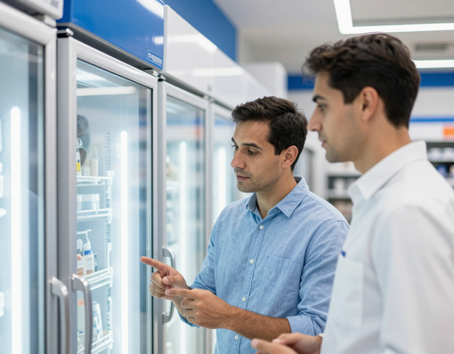 Dos hombres inspeccionando vitrinas refrigeradas en un pasillo luminoso de una tienda.