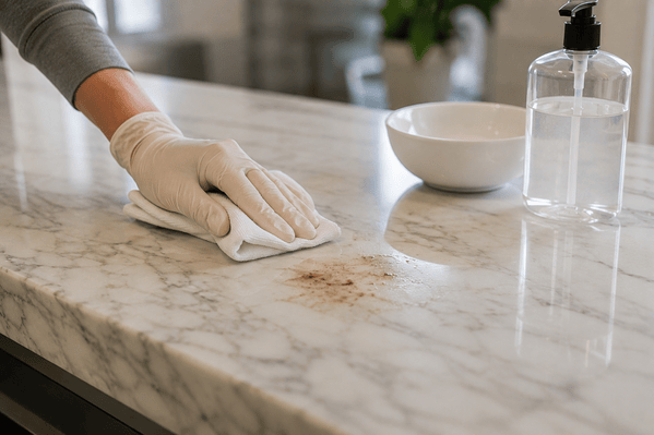 Gloved hand wiping a marble countertop with a cleaning cloth beside soap and a bottle of cleaner