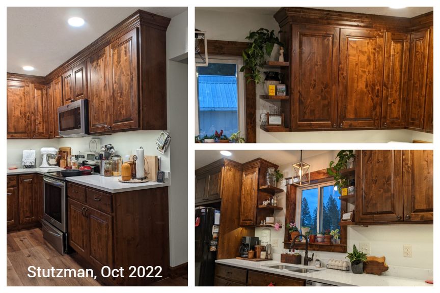 A kitchen with wooden cabinets and stainless steel appliances.