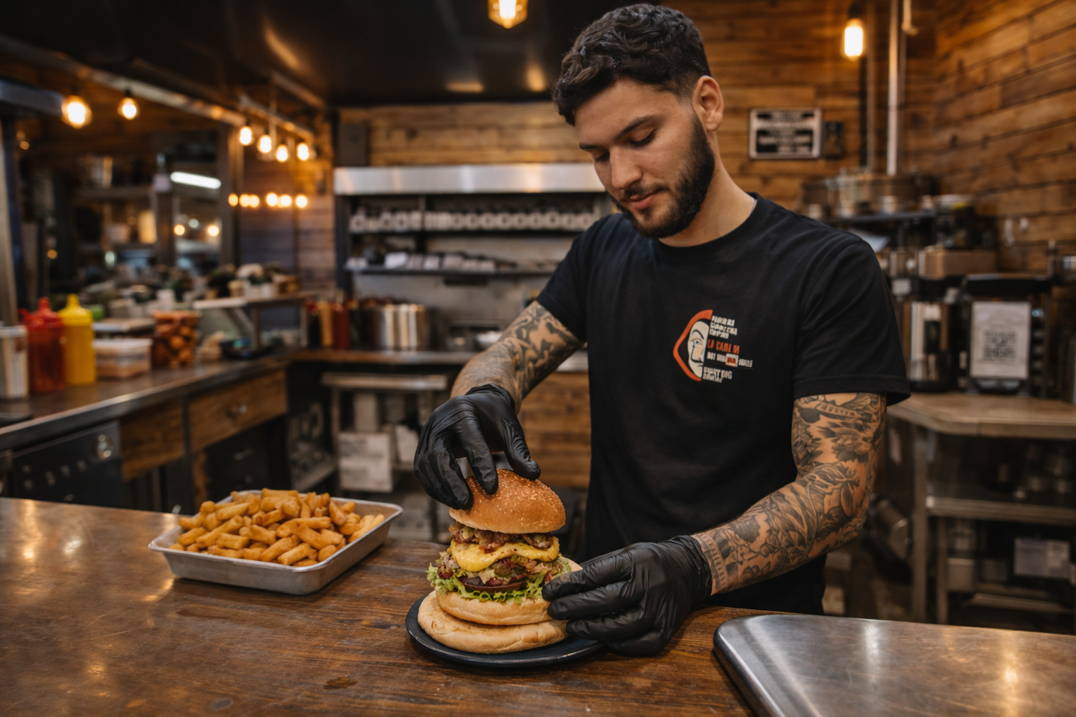 Un uomo con i guanti neri prepara un hamburger nella cucina di un ristorante.