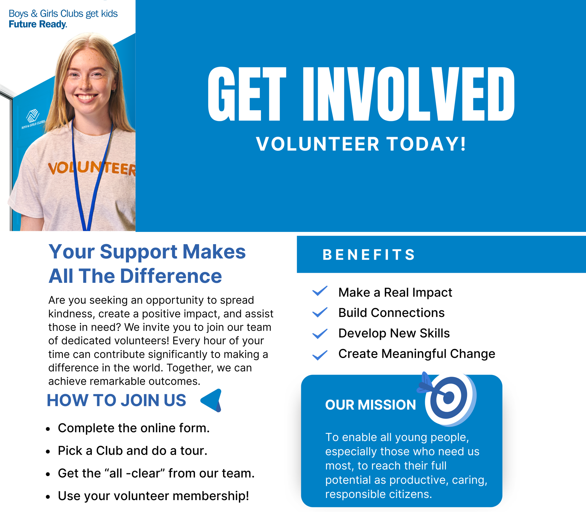 Volunteer signup flyer with smiling woman, blue-and-white layout,