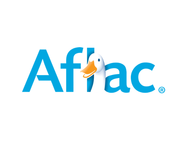 Aflac logo in blue with a white duck mascot peeking through the letters