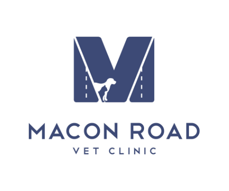 Macon Road Vet Clinic logo in blue with a dog silhouette and text on white background