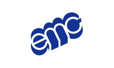 Blue stylized “emc” logo on a white background