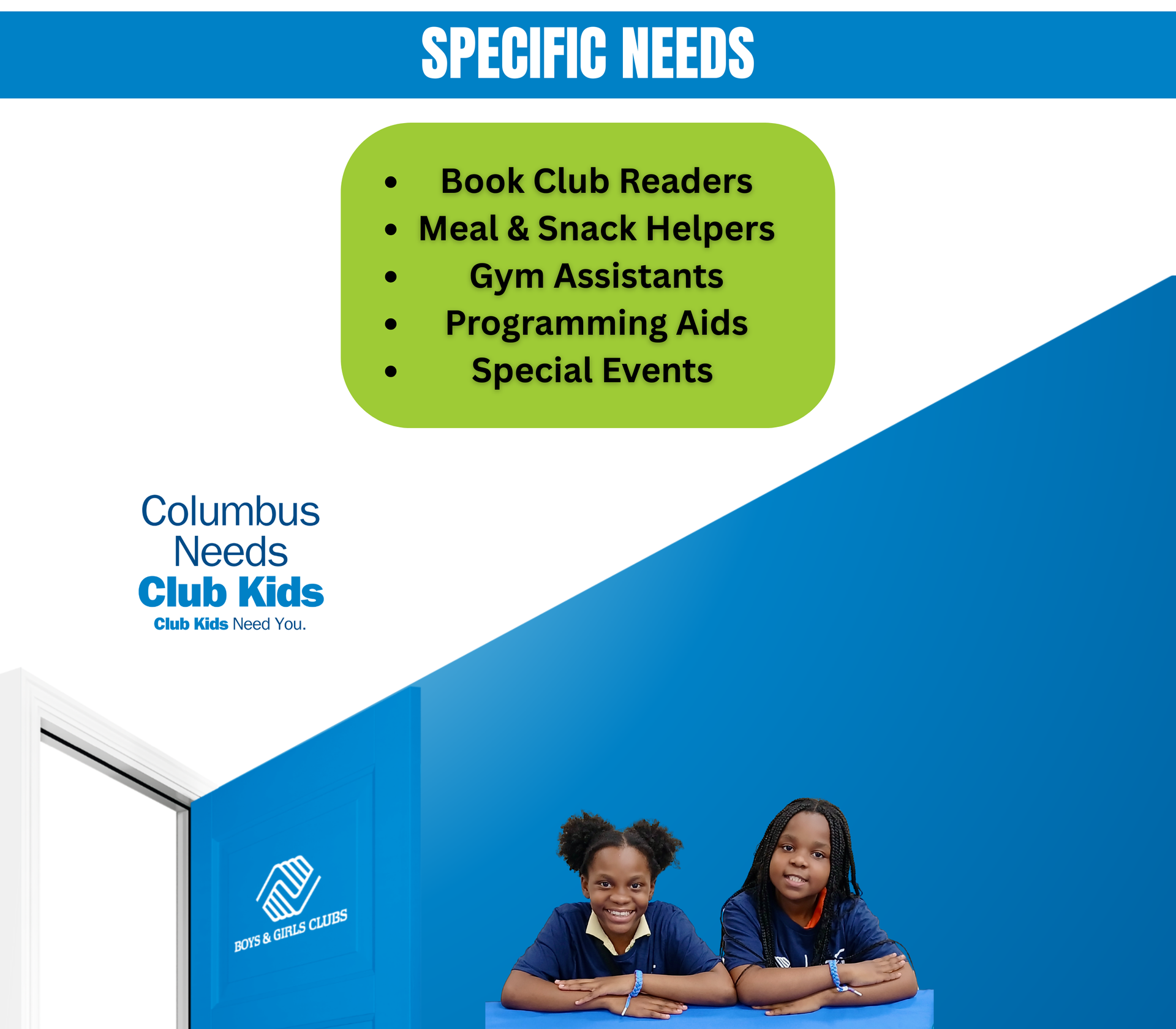 Specific needs flyer listing book club readers, meal and snack helpers, gym assistants, programming aids, and special events.