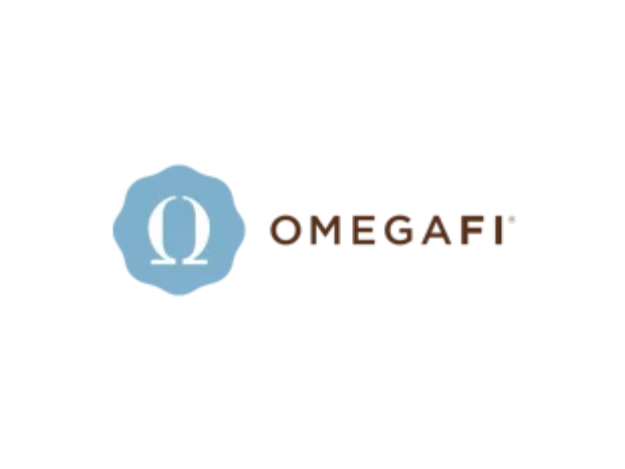 OmegaFi logo with a blue emblem and brown text on a white background