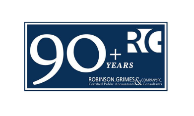90+ years logo for Robinson, Grimes & Co. in white on dark blue