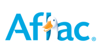 Aflac logo in blue with a white duck head in the letter “f” and orange beak