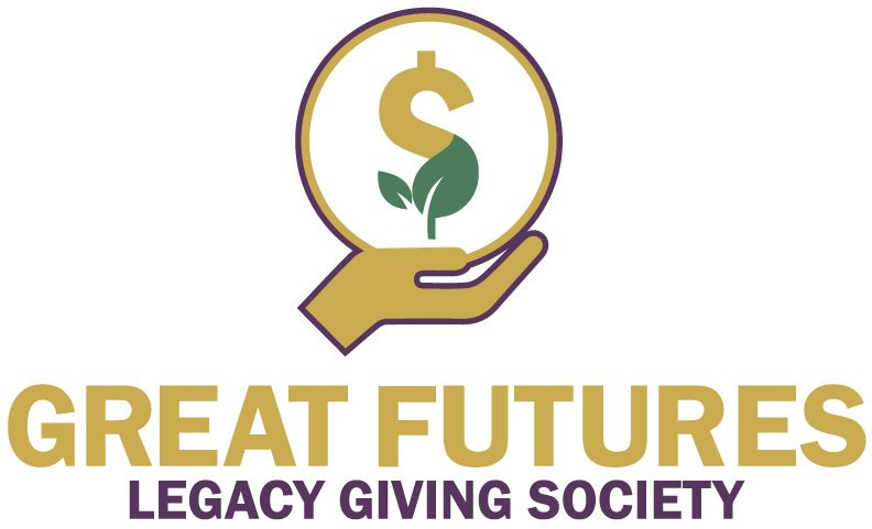 Great Futures Legacy Giving Society logo with gold hand, green dollar sign sprout, and gold text on white background