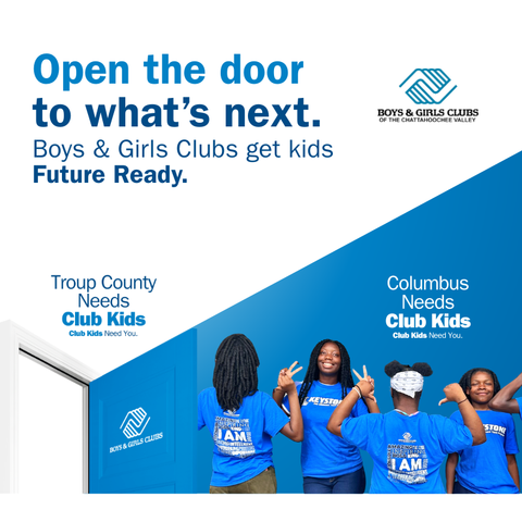 Boys & Girls Clubs ad with headline “Open the door to what’s next” and youth in blue shirts standing in front of a building