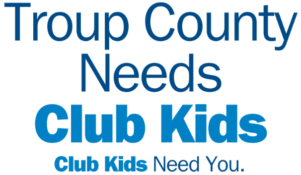 Troup County Needs Club Kids, with “Club Kids Need You” in blue text on white background