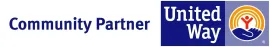 Community Partner and United Way logos on a white banner, with a blue bar and orange emblem.