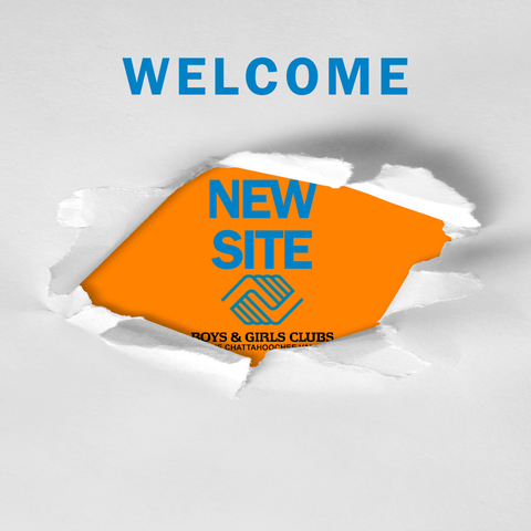 Welcome with orange “New Site” sign bursting through paper