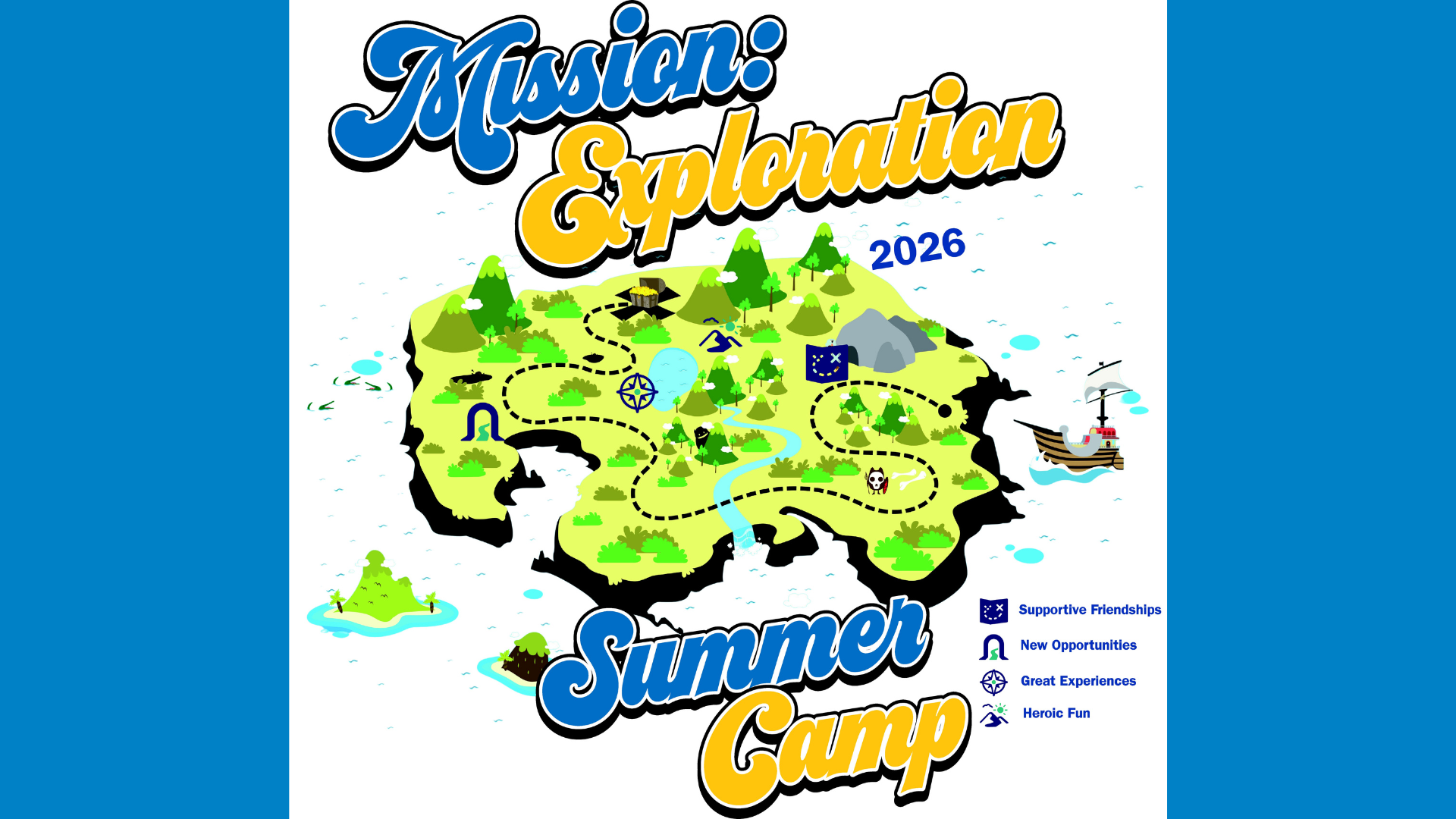 Colorful Summer Camp 2026 poster with a bright island map and playful blue-and-gold title text