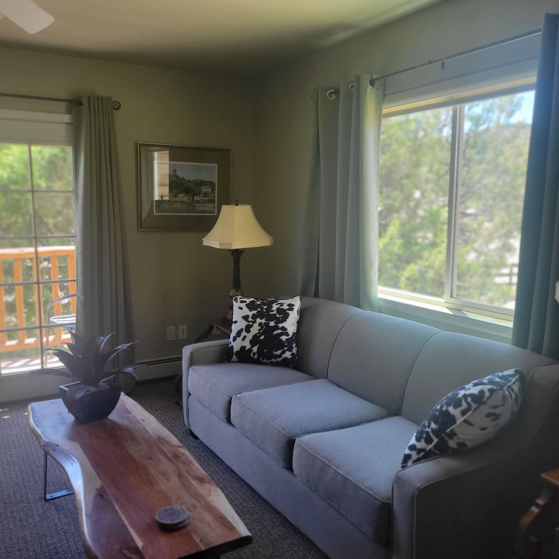 Living room with grey sofa, cowhide pillows, wooden coffee table, and door to balcony.