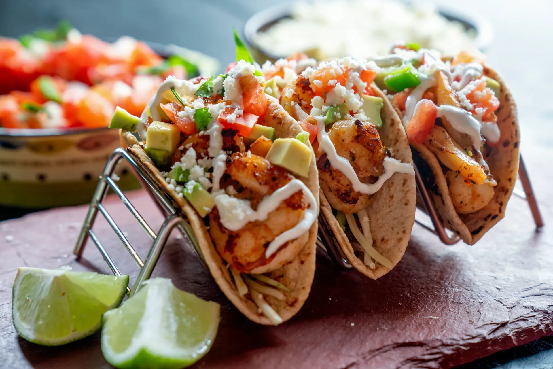 Three shrimp tacos with toppings, served on a stone slab, lime wedges, and salsa in the background.