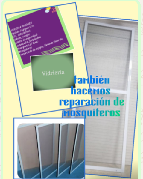 Anuncio de una cristalería que repara pantallas. Incluye paneles de vidrio, una pantalla y texto.