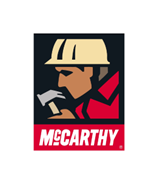 McCarthy logo: construction worker in a hard hat holding a hammer, red coat, white glove.
