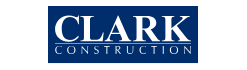 Logo for Clark Construction with white text on a dark blue rectangle.