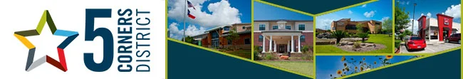 Logo for 5 Corners District with a star and images of buildings, homes, and a car.