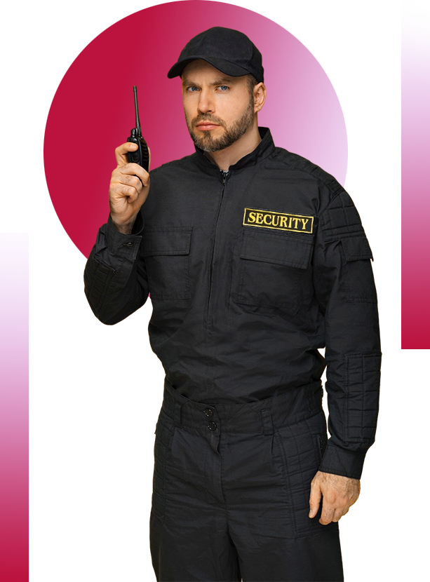 Security guard in black uniform holds a walkie-talkie, stern expression, in front of a pink and white background.