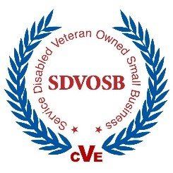 SDVOSB seal, blue laurel wreath, red text: