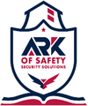 Shield logo for Ark of Safety security. Blue and red design with house, wings, and text 