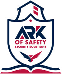 Shield logo for Ark of Safety security. Blue and red design with house, wings, and text
